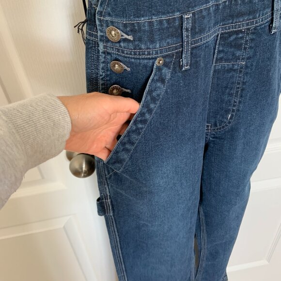 Vintage 90s Silver Jeans Flare Carpenter Denim Blue Overalls Size 5/31 - Picture 3 of 16